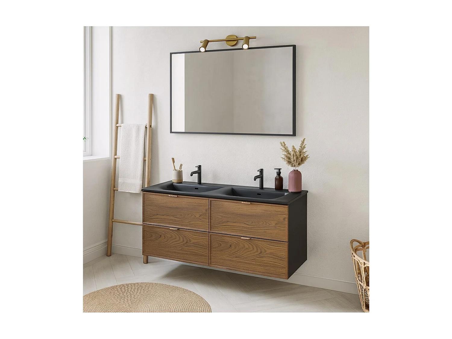 Ensemble de salle de bain SAVIA : meubles sous vasque 120cm et double vasque à encastrer noire