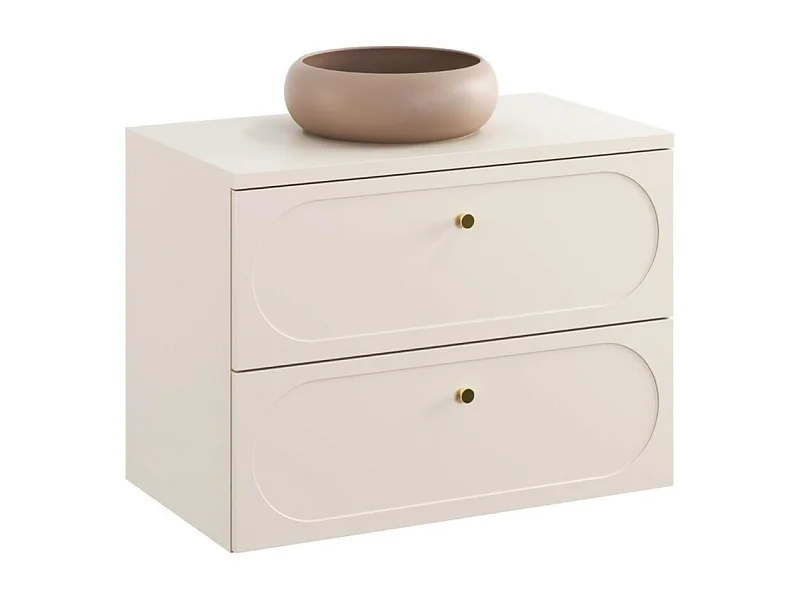 Ensemble de salle de bain TORNADO beige : meuble sous vasque 80cm + plan pour vasque + vasque à poser marron ronde