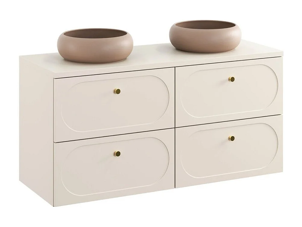 Ensemble de salle de bain TORNADO : meubles sous vasque 120cm + plan pour vasque beige + vasque à poser marron ronde