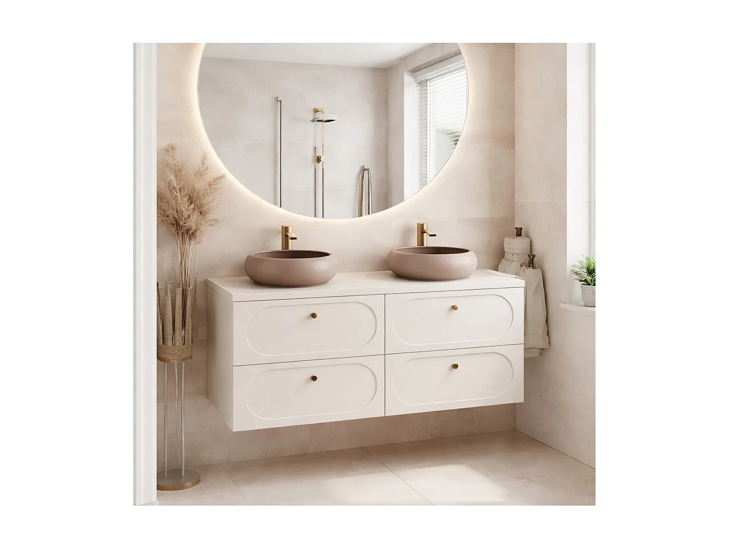 Ensemble de salle de bain TORNADO : meubles sous vasque 120cm + plan pour vasque beige + vasque à poser marron ronde
