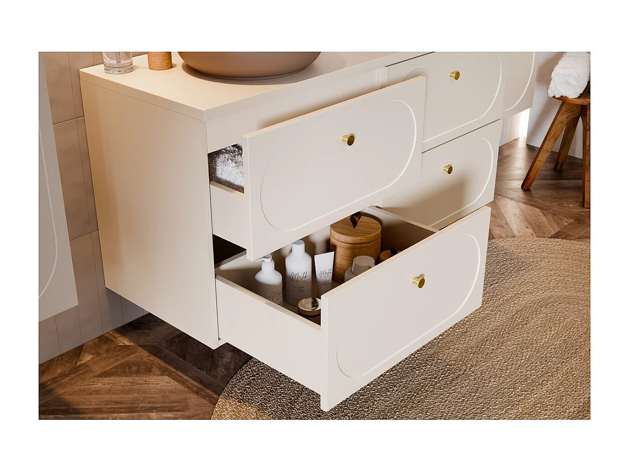 Ensemble de salle de bain TORNADO : meubles sous vasque 120cm + plan pour vasque beige + vasque à poser marron ronde