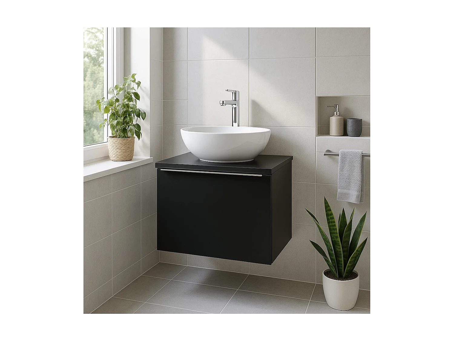 Set bagno VANTA: mobiletto sottolavabo 60cm + piano per lavabo + 1 lavabo bianco da appoggio