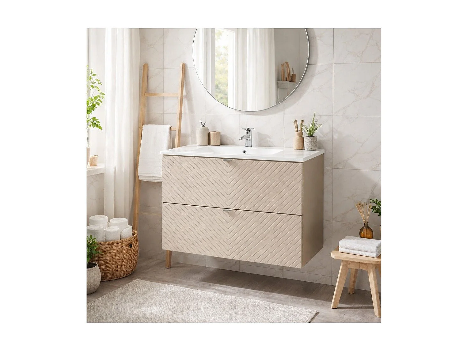 Ensemble de salle de bain AOKI : meuble sous vasque à tiroirs 80cm + vasque blanche à encastrer