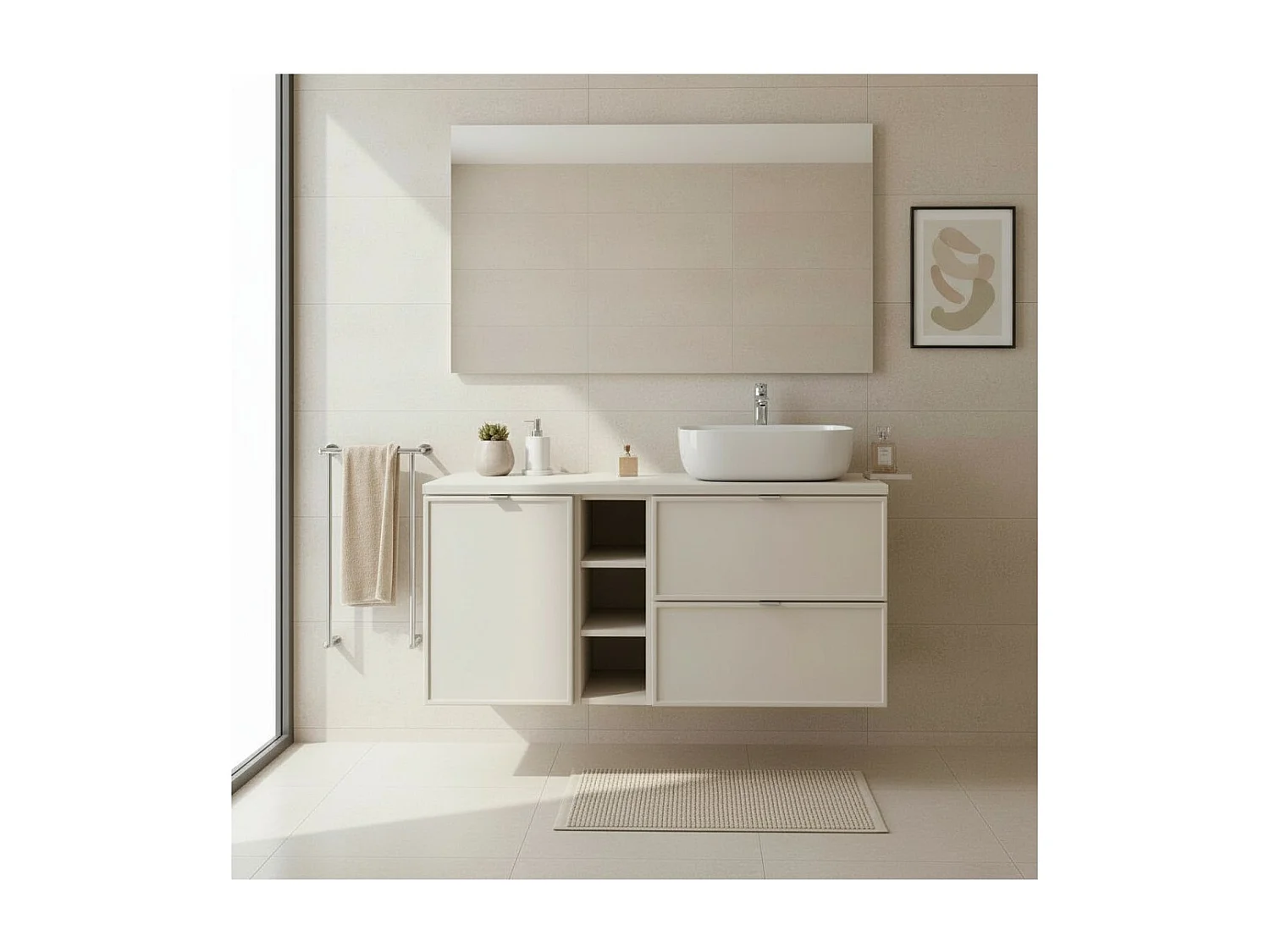 Ensemble BRAZZA : meubles sous vasque à tiroirs 120cm avec panier à linge et niches visibles + plan pour vasque + vasque à poser