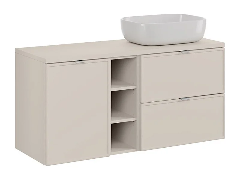 Ensemble BRAZZA : meubles sous vasque à tiroirs 120cm avec panier à linge et niches visibles + plan pour vasque + vasque à poser