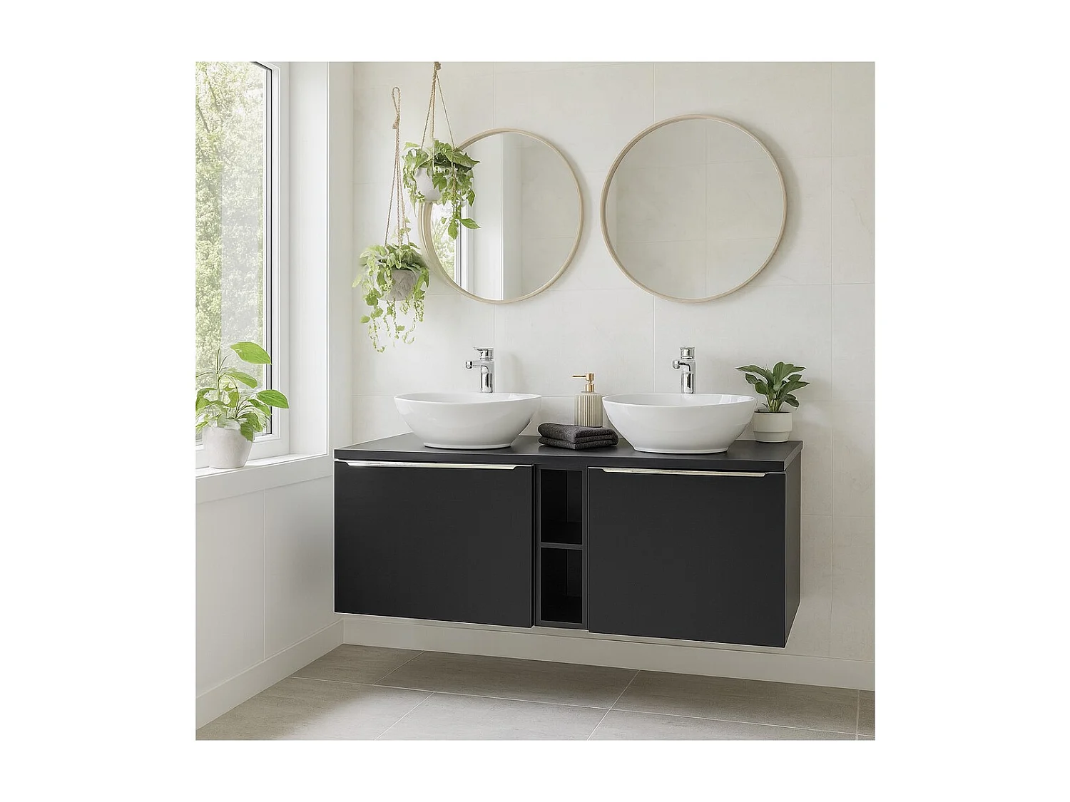 Ensemble de salle de bain VANTA : meubles sous vasque 140cm + plan pour vasque + 2 vasques blanches à poser