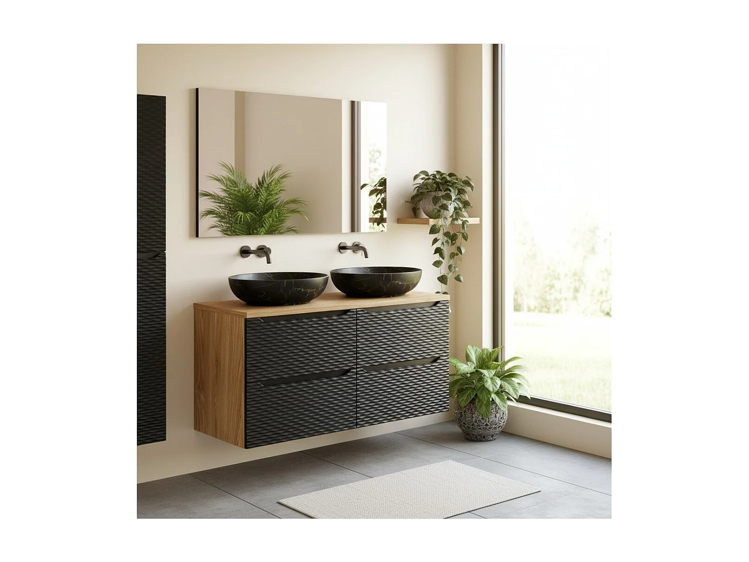 Ensemble de salle de bain YOKA noir : meubles sous vasque à tiroirs 120 cm + plan pour vasque + vasque à poser
