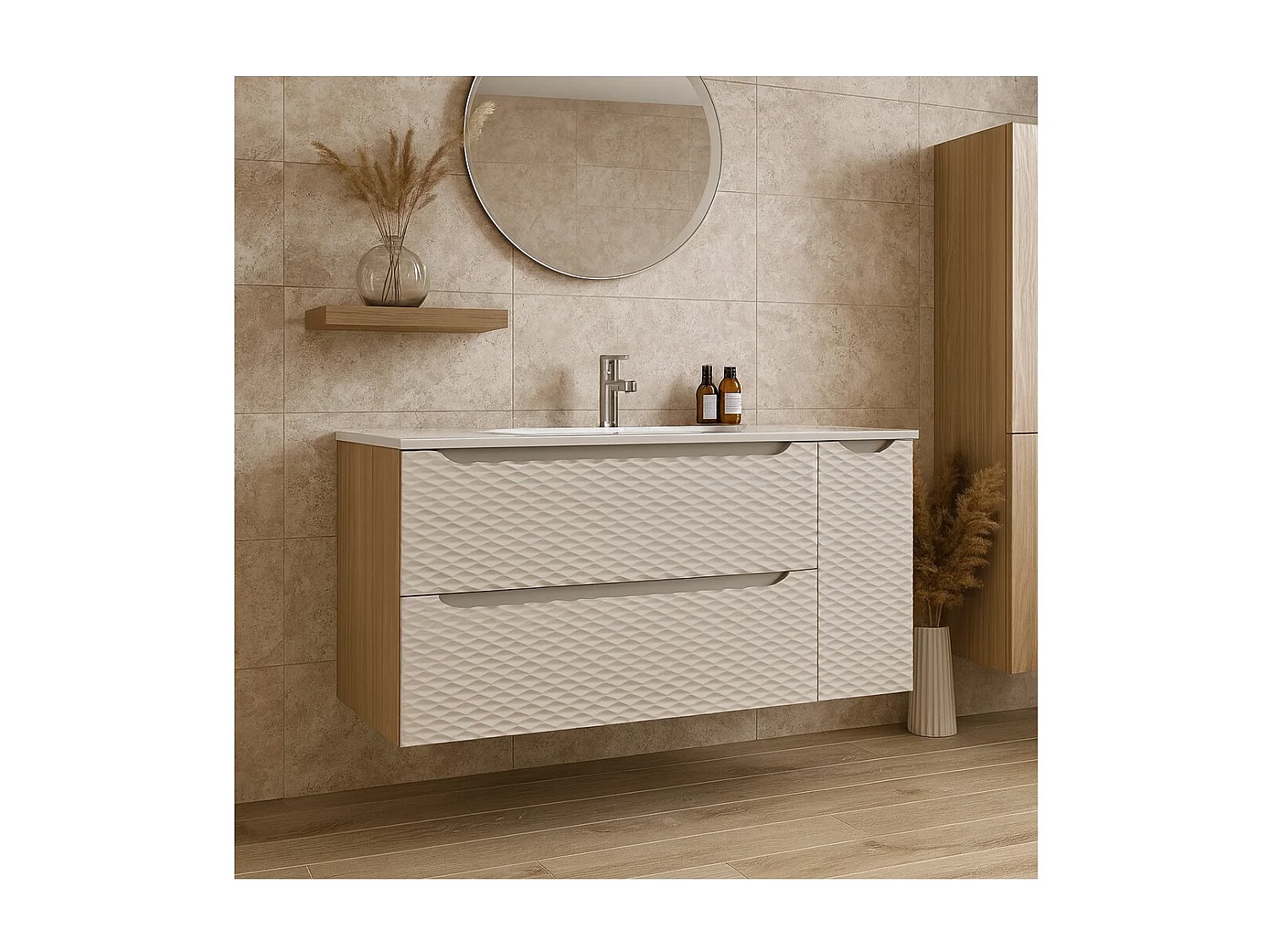 Ensemble de salle de bain YOKA beige : meuble sous vasque 120 cm + vasque encastrée