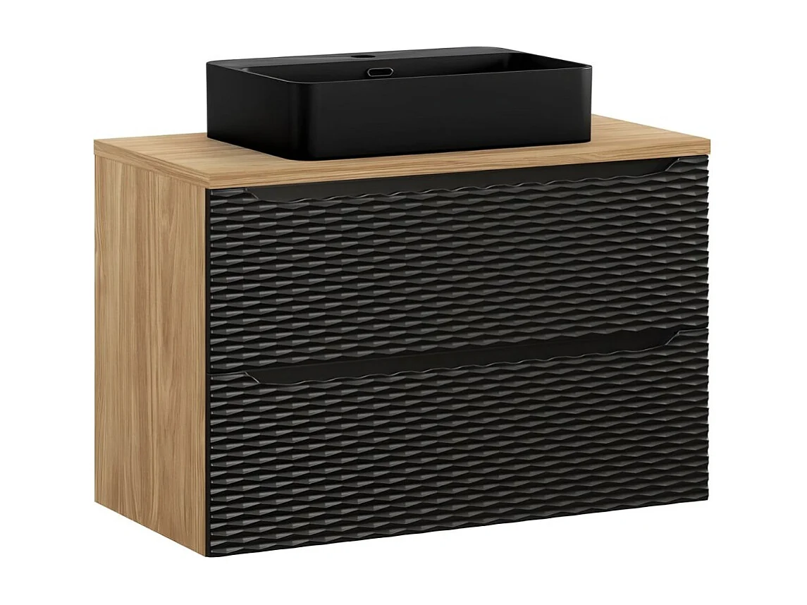 Ensemble de salle de bain YOKA noir : meuble sous vasque à tiroirs 90cm + plan pour vasque + vasque à poser noire