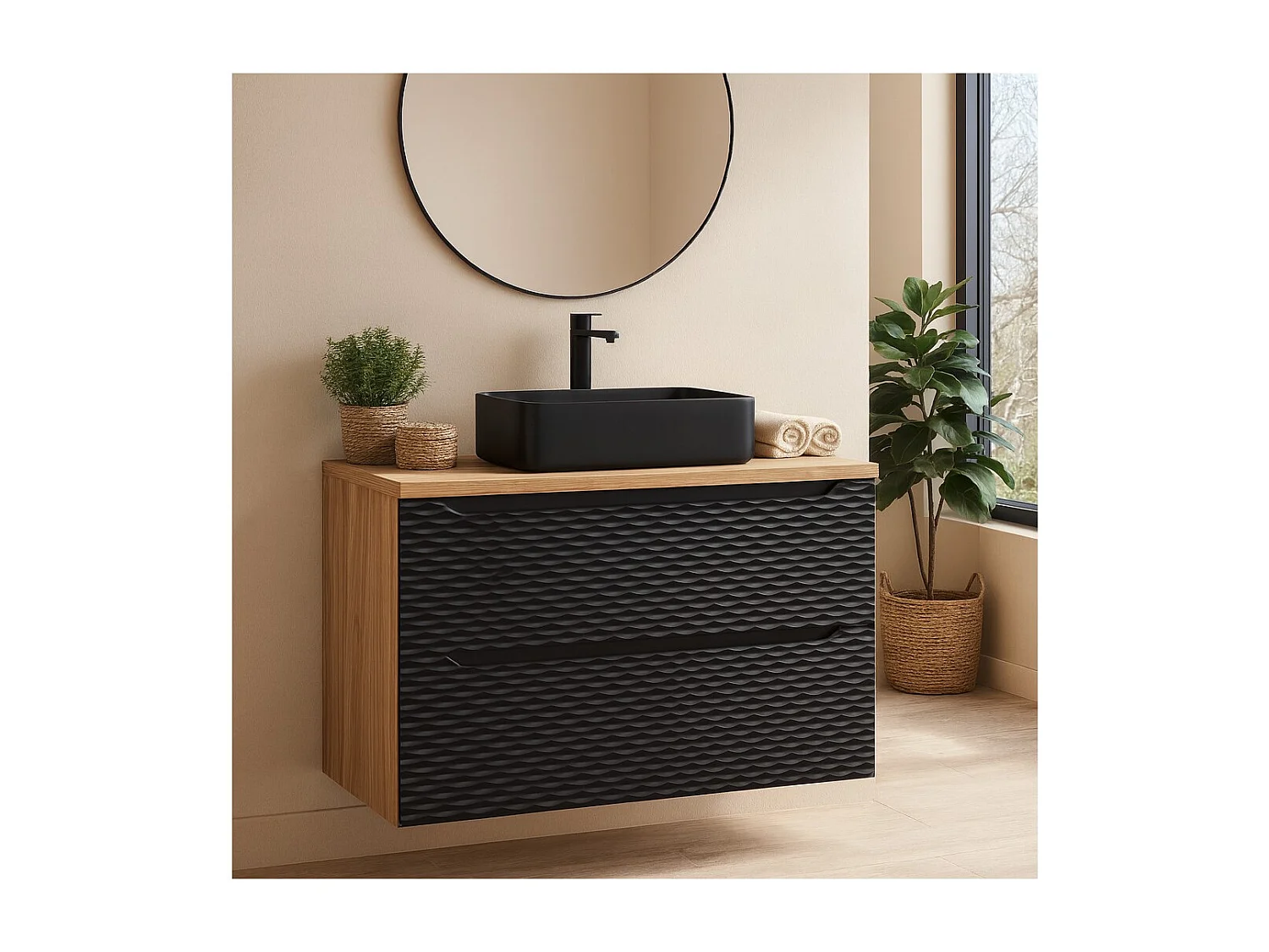 Ensemble de salle de bain YOKA noir : meuble sous vasque à tiroirs 90cm + plan pour vasque + vasque à poser noire