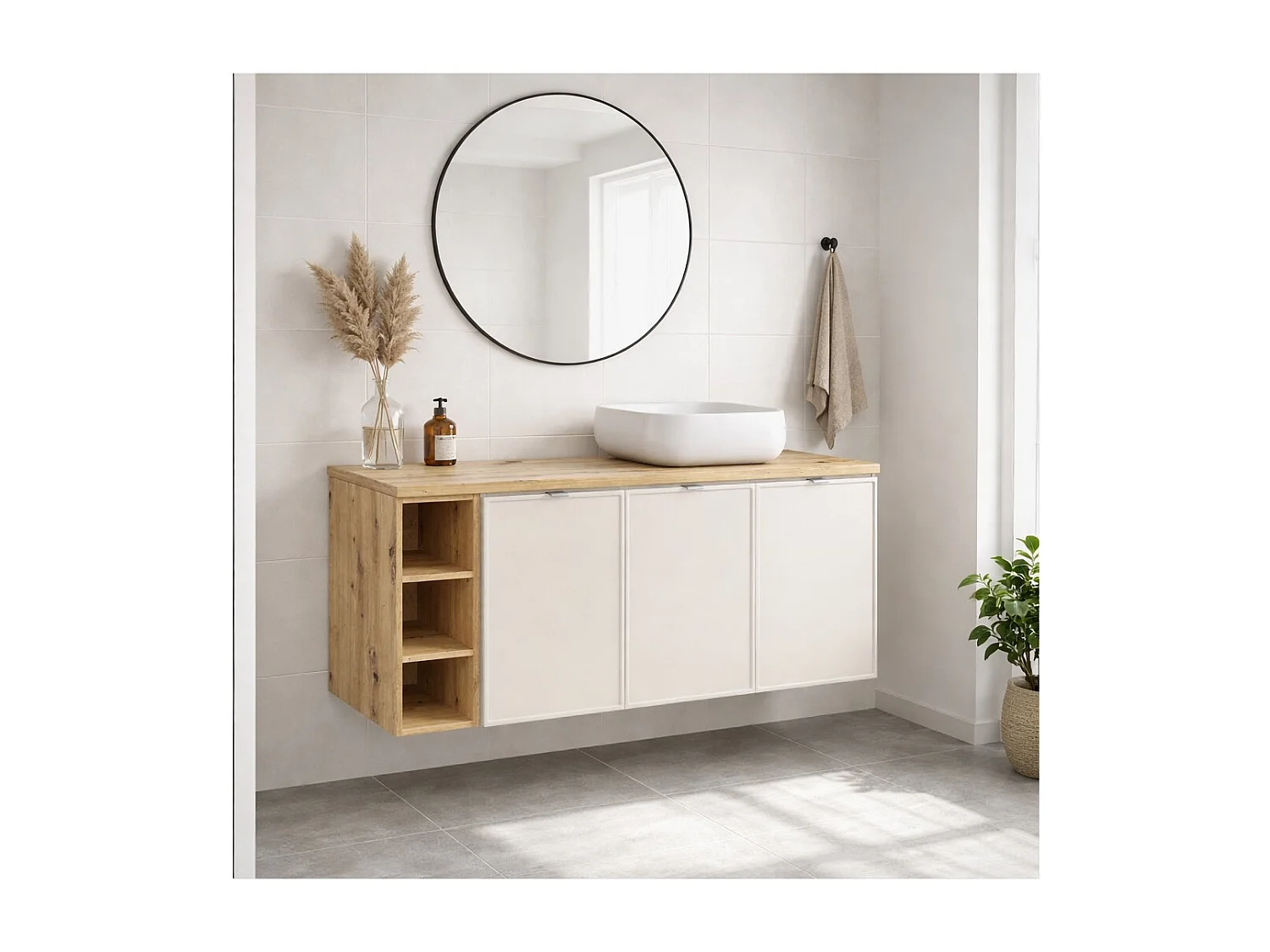 Ensemble BRAZZA : meubles sous vasque à placards 140cm avec niches visibles + plan pour vasque + vasque à poser carrée arrondie