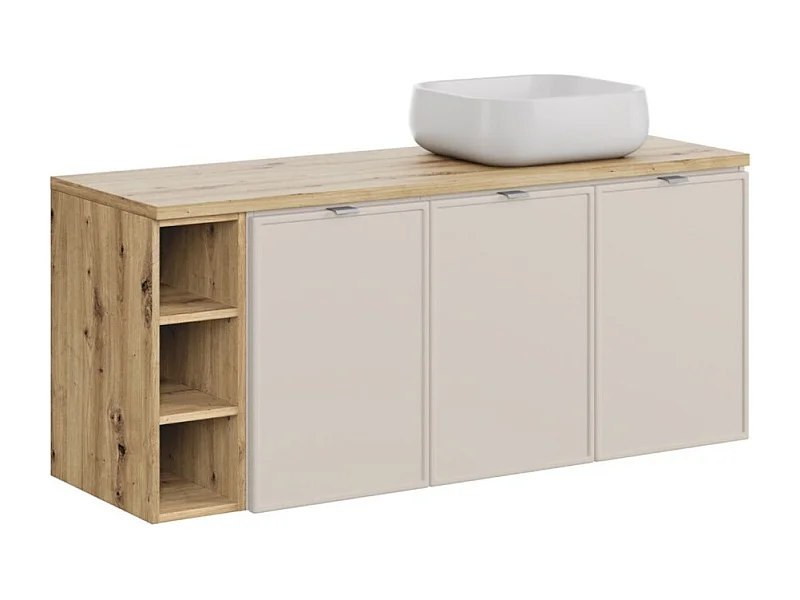 Ensemble BRAZZA : meubles sous vasque à placards 140cm avec niches visibles + plan pour vasque + vasque à poser carrée arrondie