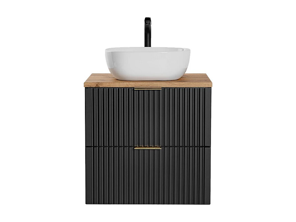 Ensemble meuble sous vasque NOXERA 60 cm – Noir mat et chêne – 2 tiroirs + plan pour vasque + vasque