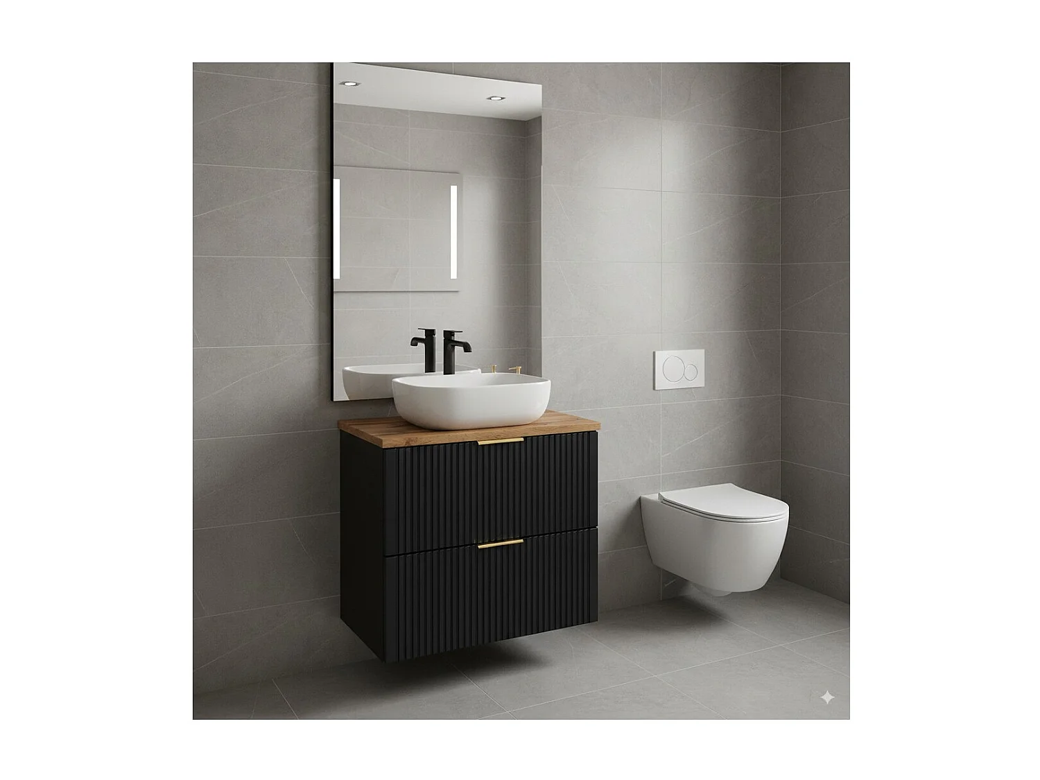 Ensemble meuble sous vasque NOXERA 60 cm – Noir mat et chêne – 2 tiroirs + plan pour vasque + vasque