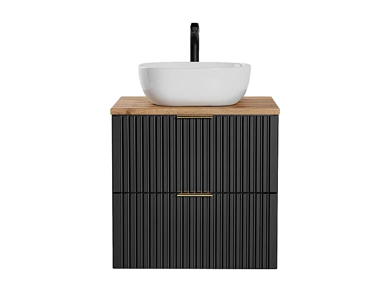 Ensemble meuble sous vasque NOXERA 60 cm – Noir mat et chêne – 2 tiroirs + plan pour vasque + vasque