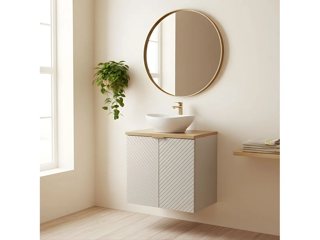 Ensemble AOKI : meuble sous vasque à placards 60cm + plan vasque chêne + vasque blanche ronde à poser