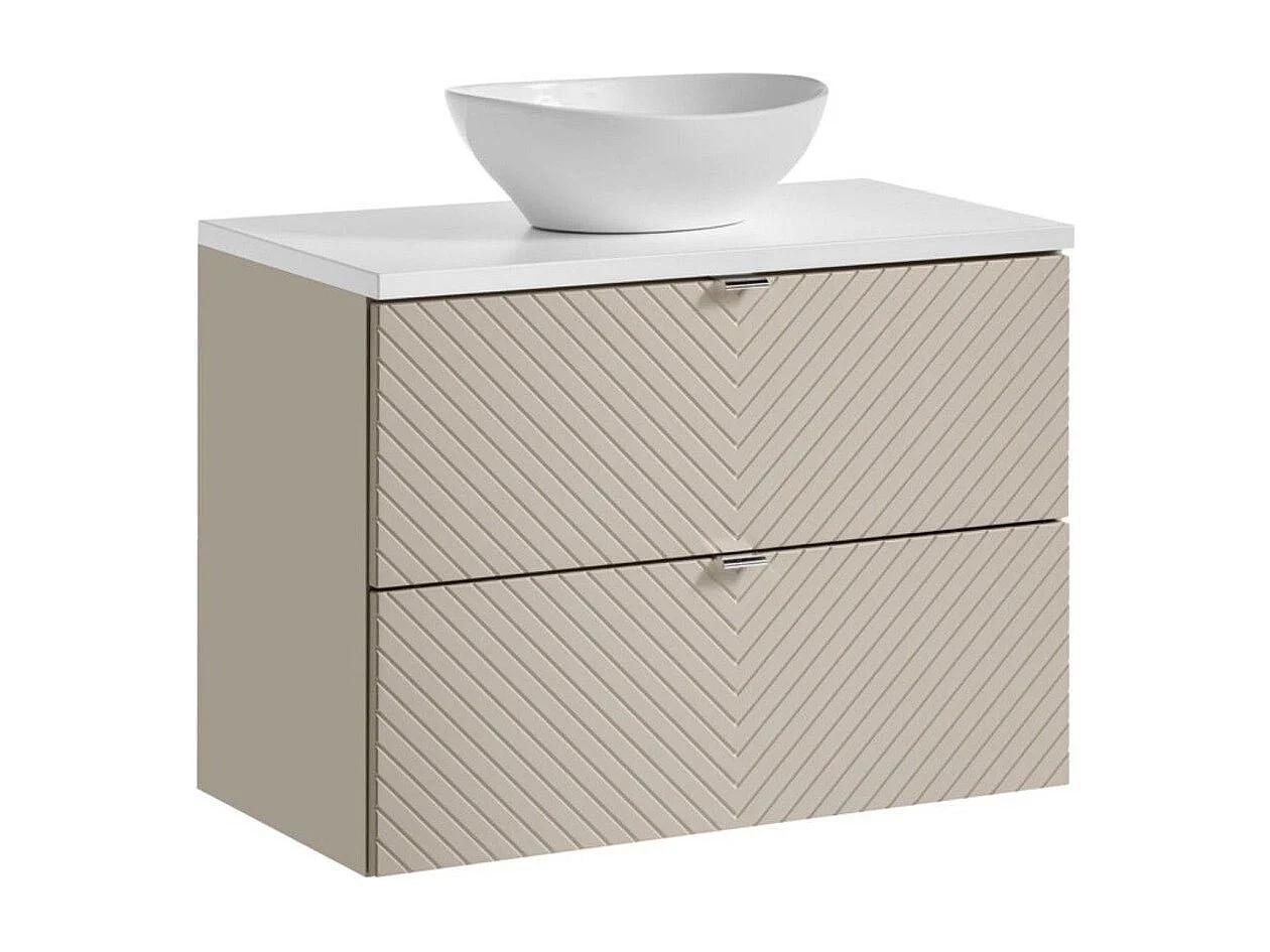 Ensemble AOKI : meuble sous vasque à tiroirs 80cm + plan vasque blanc + vasque blanche ronde à poser