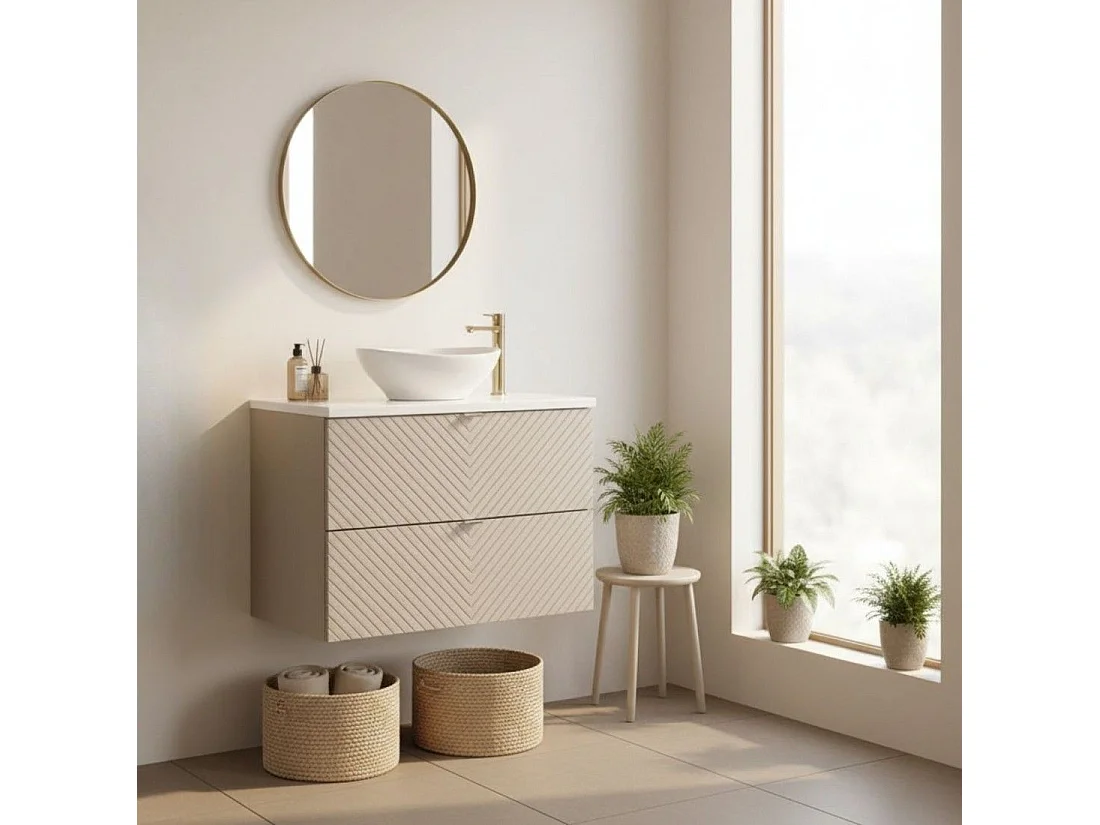 Ensemble AOKI : meuble sous vasque à tiroirs 80cm + plan vasque blanc + vasque blanche ronde à poser