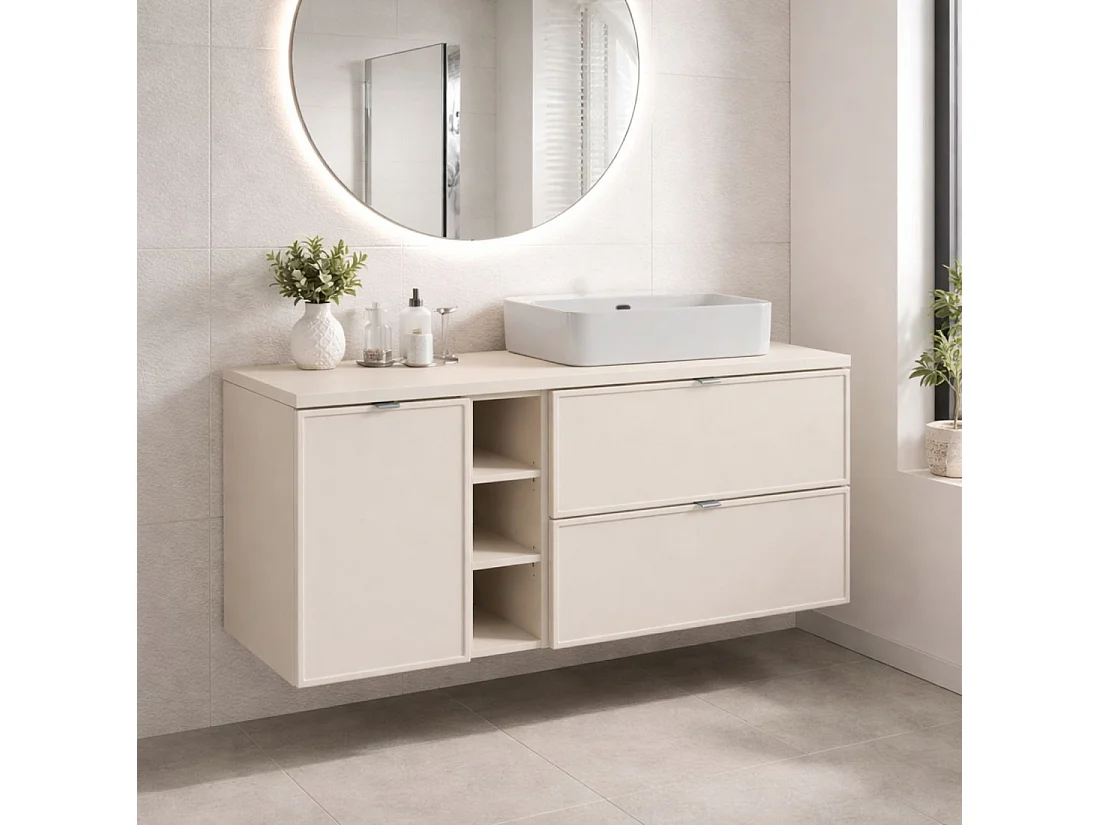 Ensemble BRAZZA : meubles sous vasque 140cm avec niches visibles et panier à linge intégré + plan pour vasque + vasque à poser