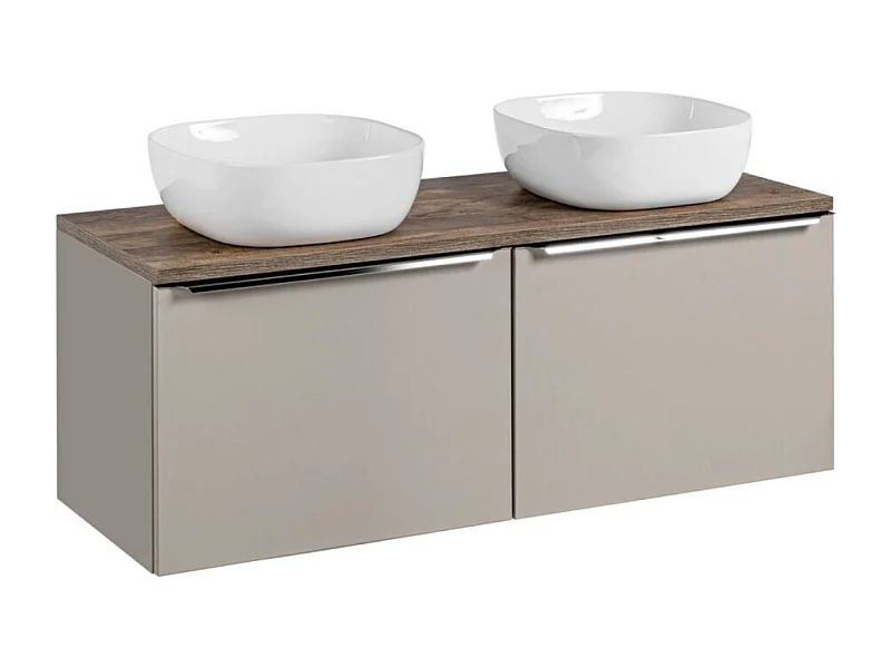 Ensemble de salle de bain VANTA taupe : meuble sous vasque 120cm + plan vasque + 2 vasques blanches à poser