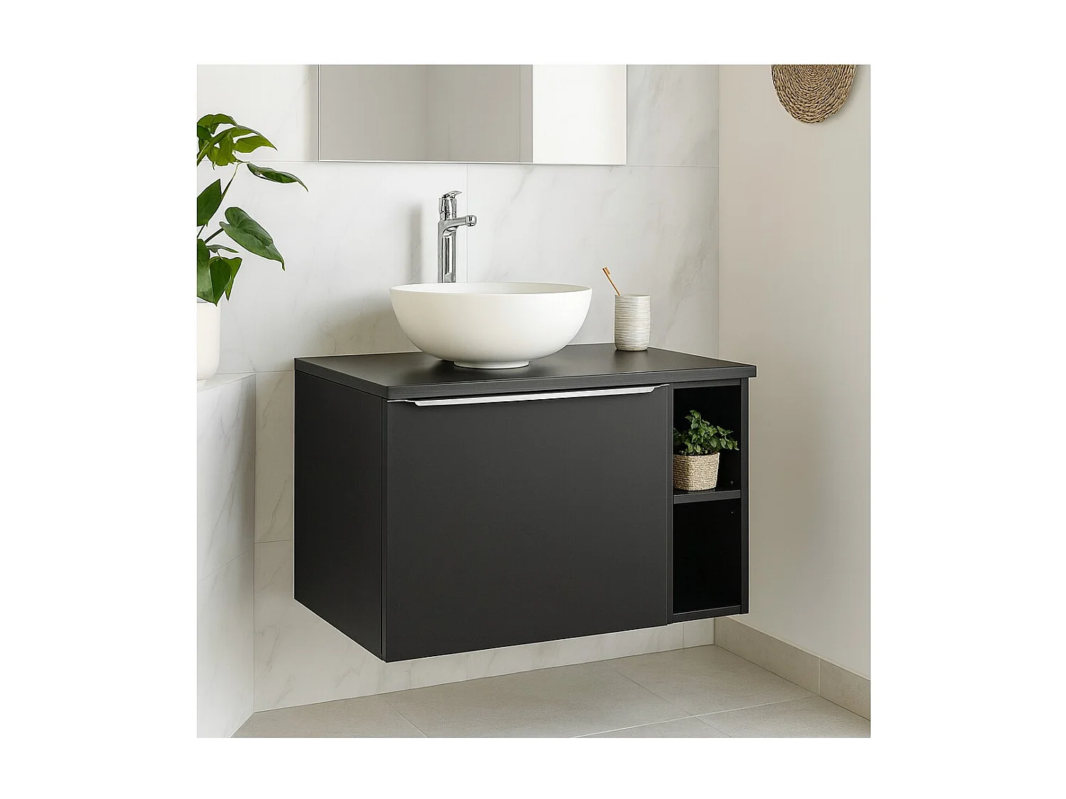 Ensemble de salle de bain VANTA : meubles sous vasque 80cm + plan pour vasque + 1 vasque blanche à poser