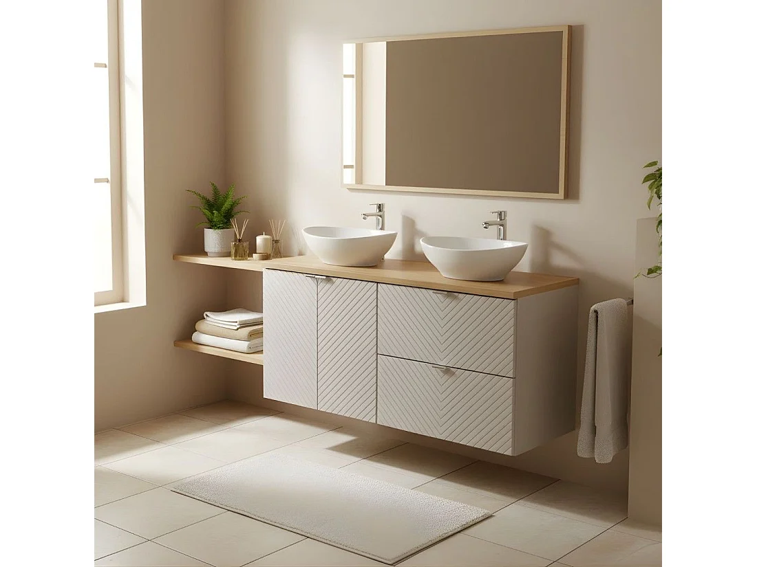 Ensemble AOKI : meuble sous vasque 120cm + plan vasque chêne + deux vasques blanches rondes à poser