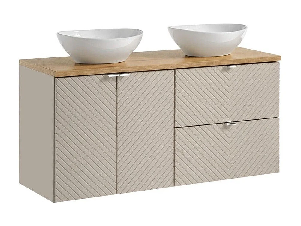 Ensemble AOKI : meuble sous vasque 120cm + plan vasque chêne + deux vasques blanches rondes à poser