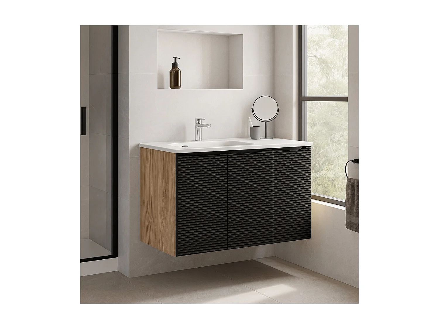 Ensemble de salle de bain YOKA noir : meubles sous vasque à placard 90cm + vasque à encastrer