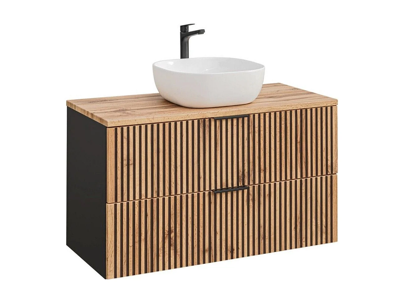 Ensemble KINOKO : meuble sous vasque à tiroirs 100cm + plan vasque chêne + vasque blanche carré à poser