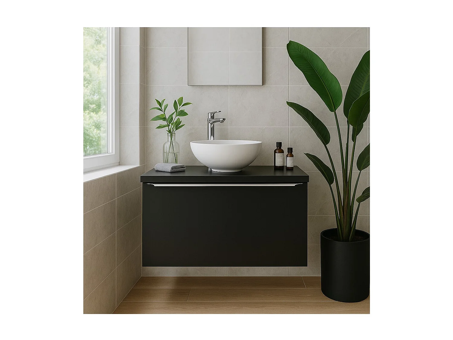 Ensemble de salle de bain VANTA : meuble sous vasque 60cm + plan pour vasque + 1 vasque blanche à poser