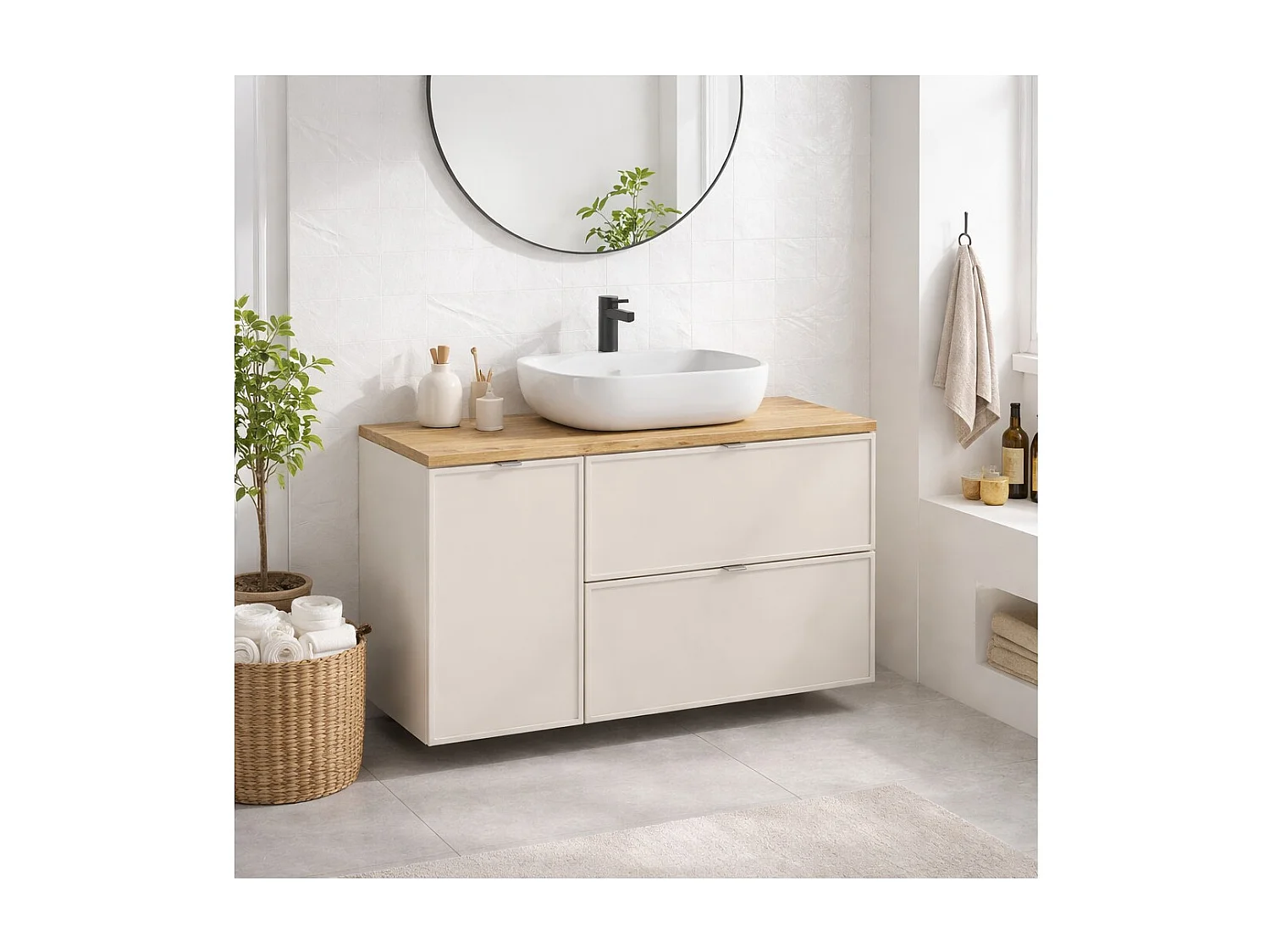 Ensemble de salle de bain BRAZZA : meubles sous vasque 120cm avec panier à linge intégré + plan pour vasque + vasque à poser