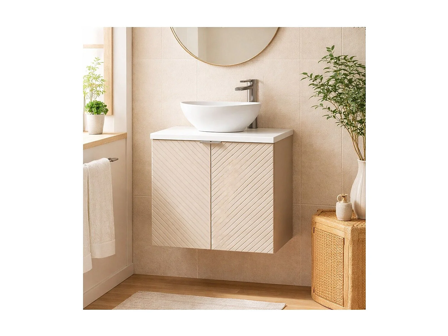 Ensemble AOKI : meuble sous vasque à placards 60cm + plan vasque blanc + vasque blanche ronde à poser