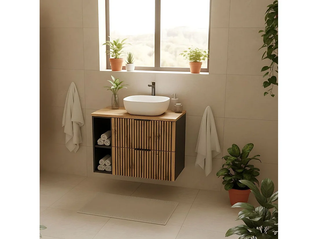 Ensemble KINOKO : meubles sous vasque 80cm + plan vasque + vasque à poser carrée arrondie blanche