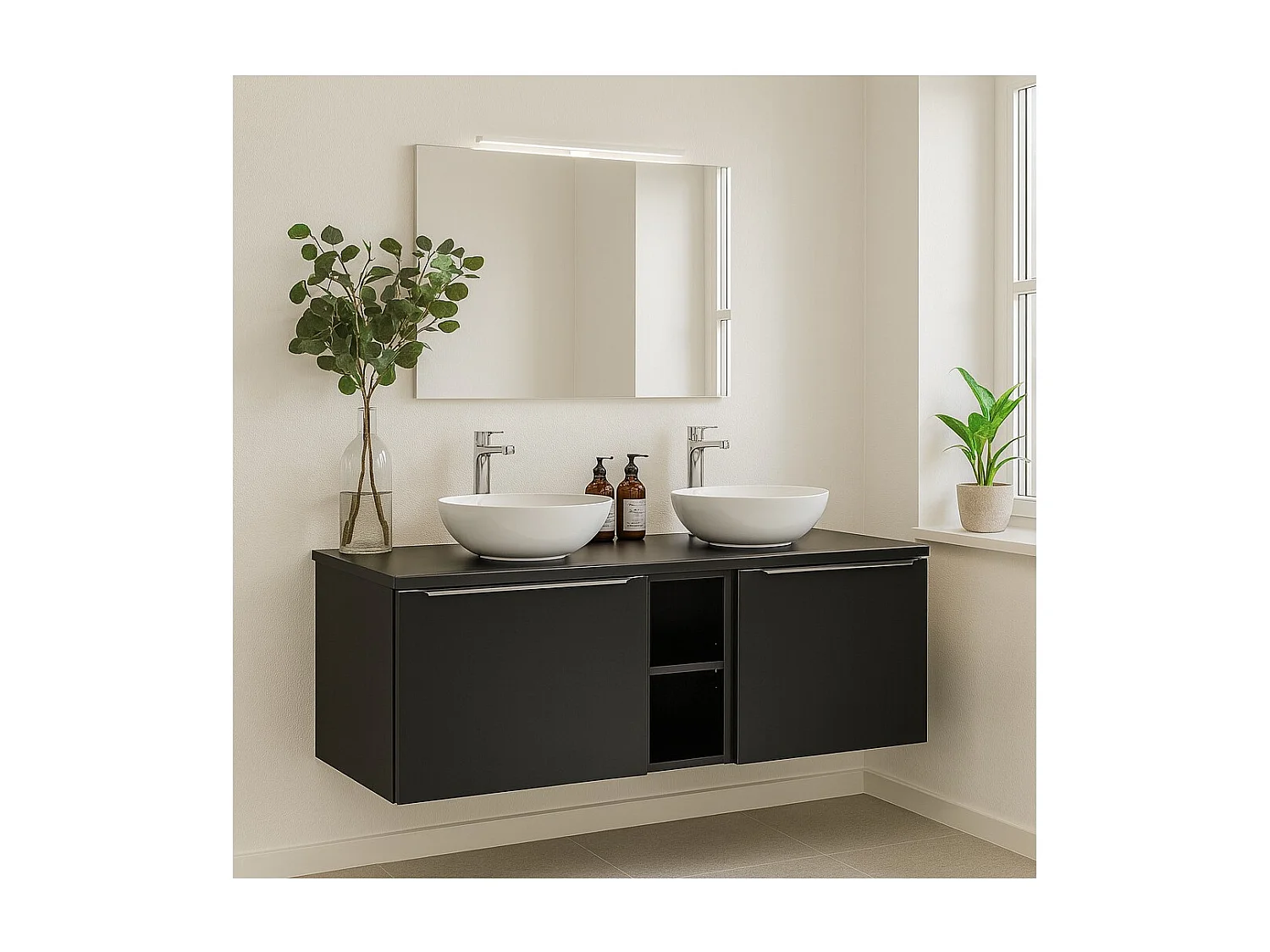 Ensemble de salle de bain VANTA : meubles sous vasque 140cm + plan vasque + 2 vasques à poser