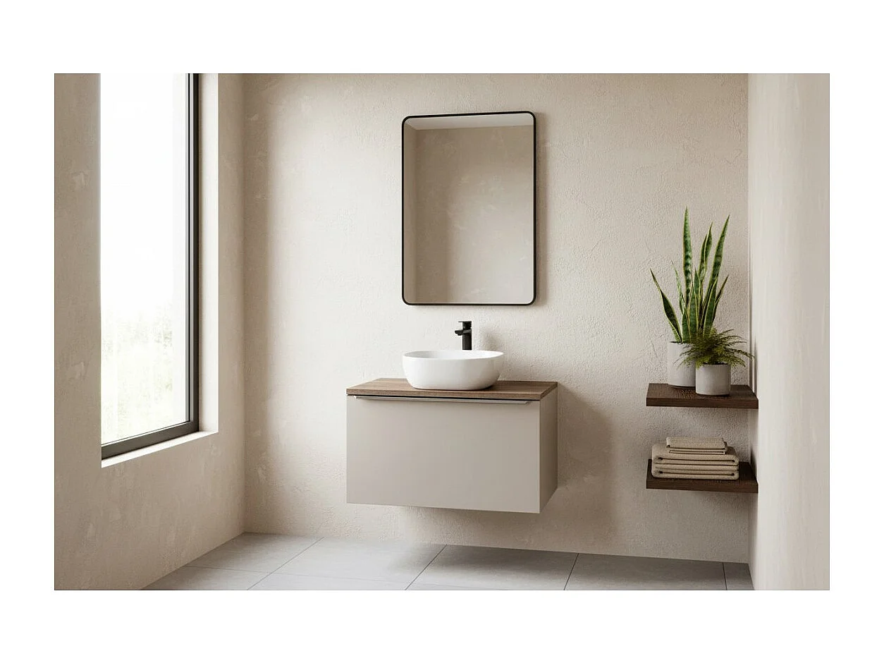 Ensemble de salle de bain VANTA taupe : meuble sous vasque 80cm + plan vasque + vasque blanche à poser