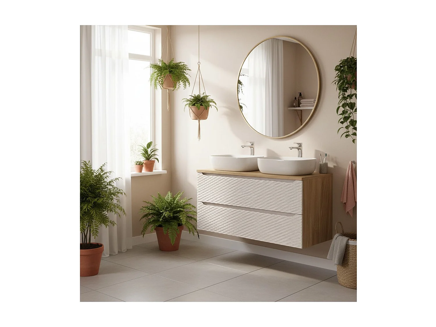 Conjunto de baño YOKA beige: mueble bajo lavabo con cajones de 120 cm + encimera para lavabo + 2 lavabos sobre encimera