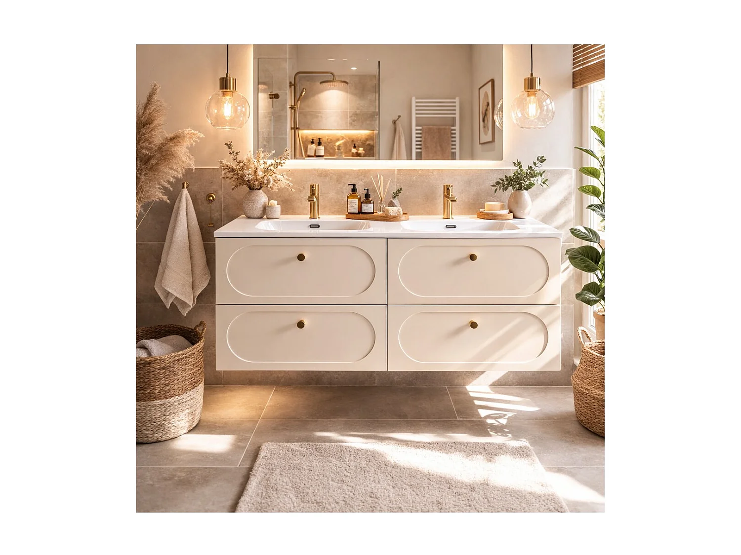 Ensemble de salle de bain TORNADO : meubles sous vasque 120cm beige + double vasque encastrée blanche