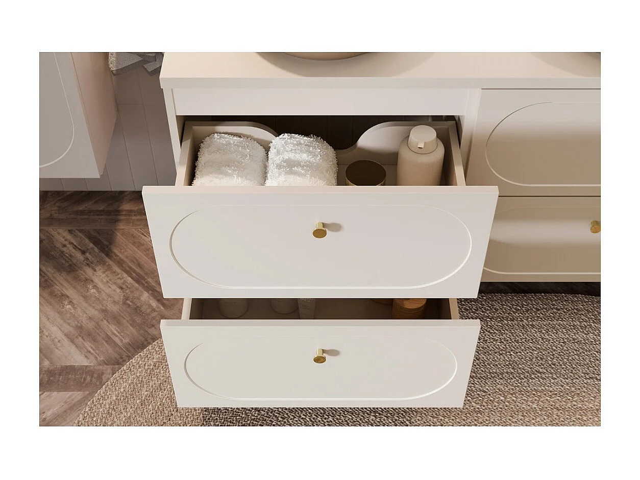 Ensemble de salle de bain TORNADO : meubles sous vasque 120cm beige + double vasque encastrée blanche