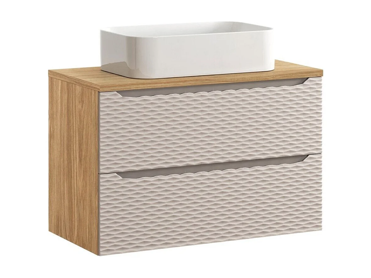 Ensemble de salle de bain YOKA beige : meuble sous vasque à tiroirs 90 cm + plan pour vasque + vasque à poser