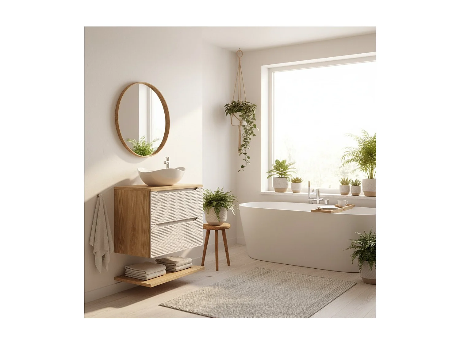 Ensemble de salle de bain YOKA beige : meuble sous vasque à tiroirs 70 cm + plan pour vasque + vasque à poser