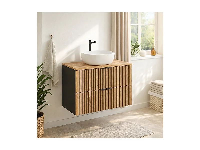 Ensemble KINOKO : meuble sous vasque à tiroirs 80cm + plan vasque + vasque carrée arrondie blanche à poser