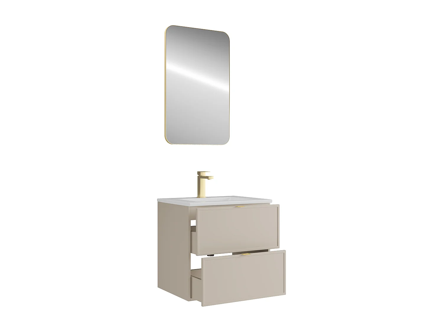 Meuble de salle de bain suspendu avec vasque à encastrer, robinet et miroir - Beige - 60 cm - ONDIL