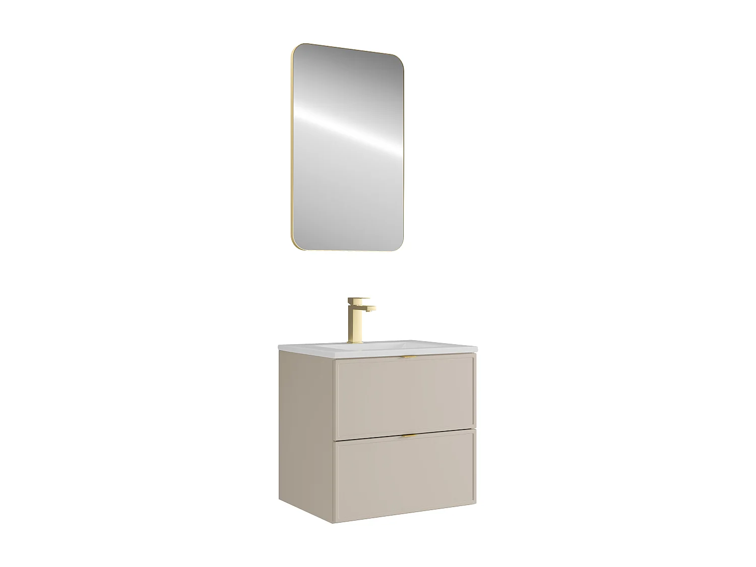 Meuble de salle de bain suspendu avec vasque à encastrer, robinet et miroir - Beige - 60 cm - ONDIL