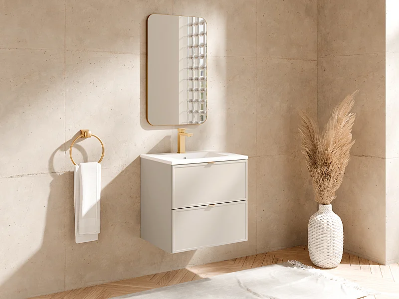 Hängender Badezimmer-Unterschrank mit Einbau-Waschbecken, Armatur und Spiegel – Beige – B60 cm – ONDIL