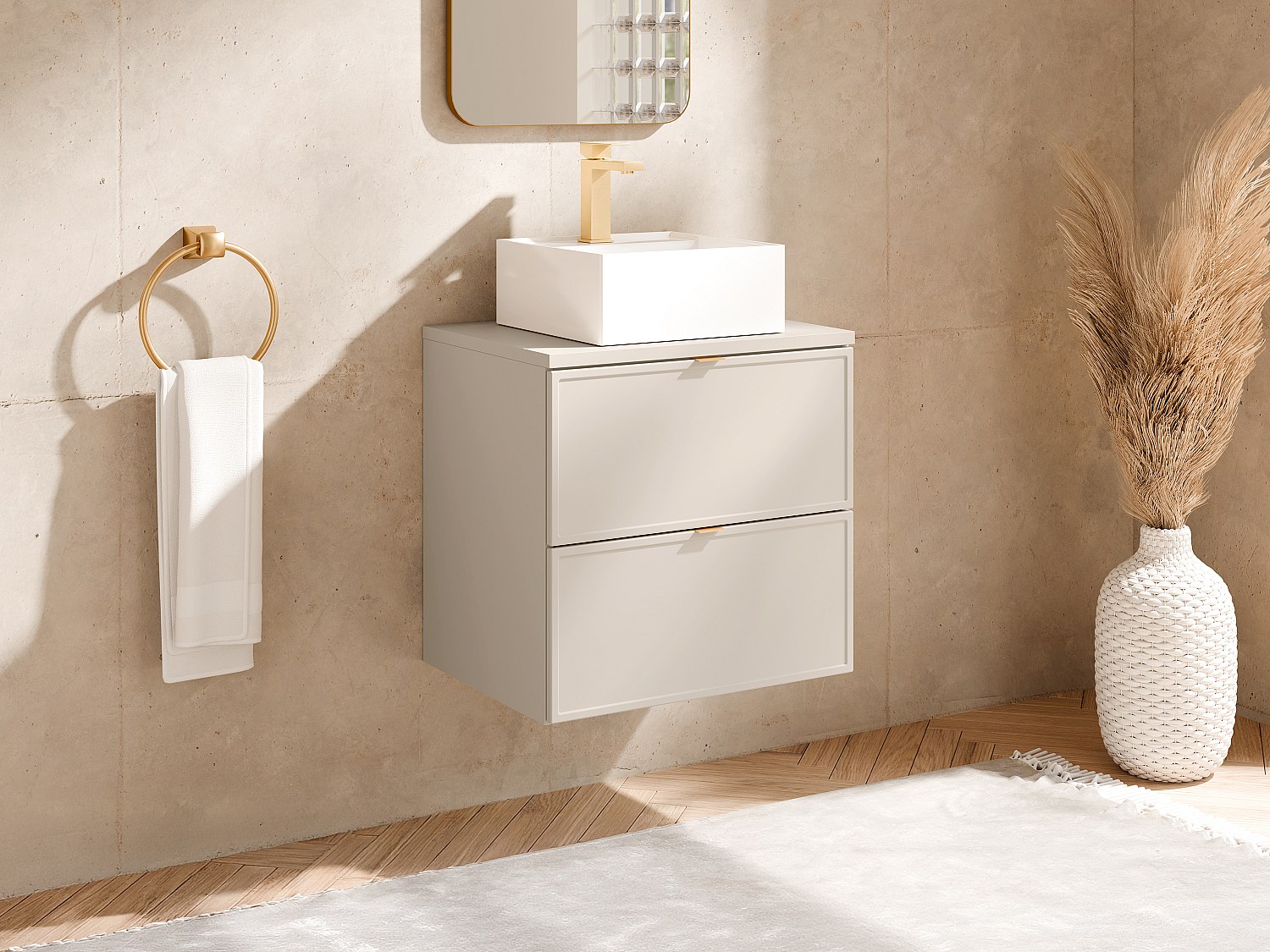 Hengende baderomsmøbel med påmontert firkantet servant - Beige - 60 cm - ONDIL