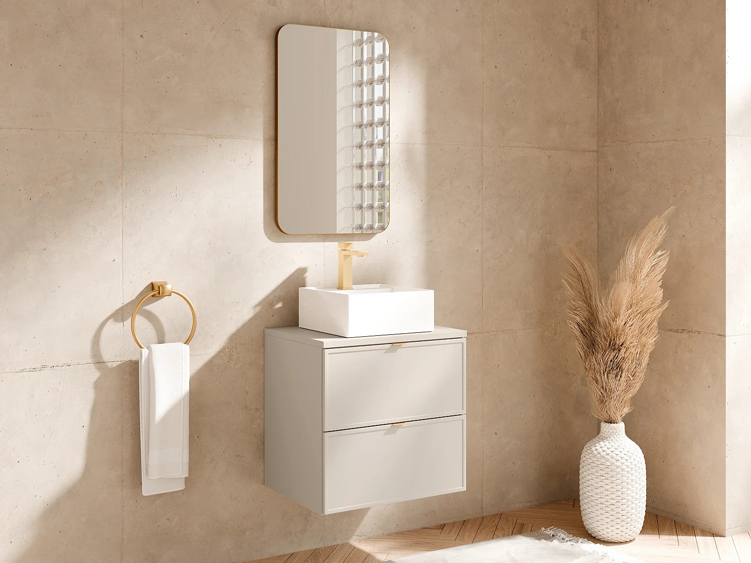 Meuble de salle de bain suspendu avec vasque à poser carrée et robinet - Beige - 60 cm - ONDIL