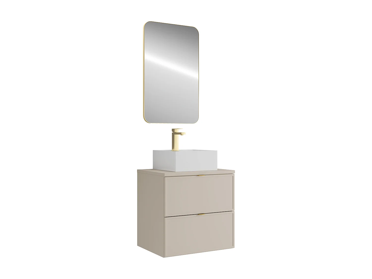 Meuble de salle de bain suspendu avec vasque à poser carrée, robinet et miroir - Beige - 60 cm - ONDIL