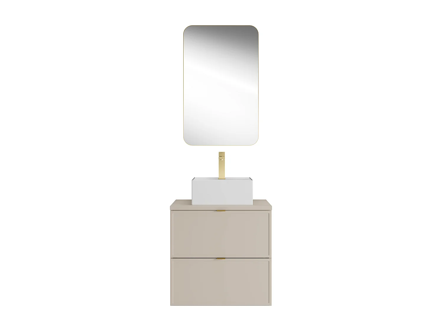 Meuble de salle de bain suspendu avec vasque à poser carrée, robinet et miroir - Beige - 60 cm - ONDIL