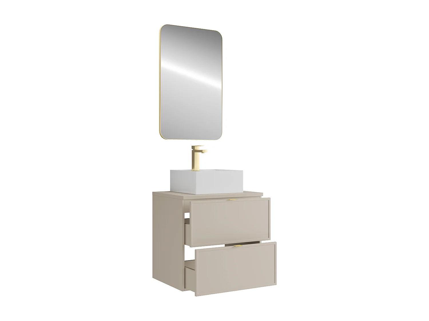 Meuble de salle de bain suspendu avec vasque à poser carrée, robinet et miroir - Beige - 60 cm - ONDIL