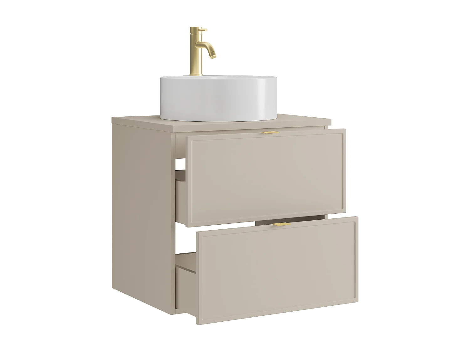 Meuble de salle de bain suspendu avec vasque à poser ronde et robinet - Beige - 60 cm - ONDIL